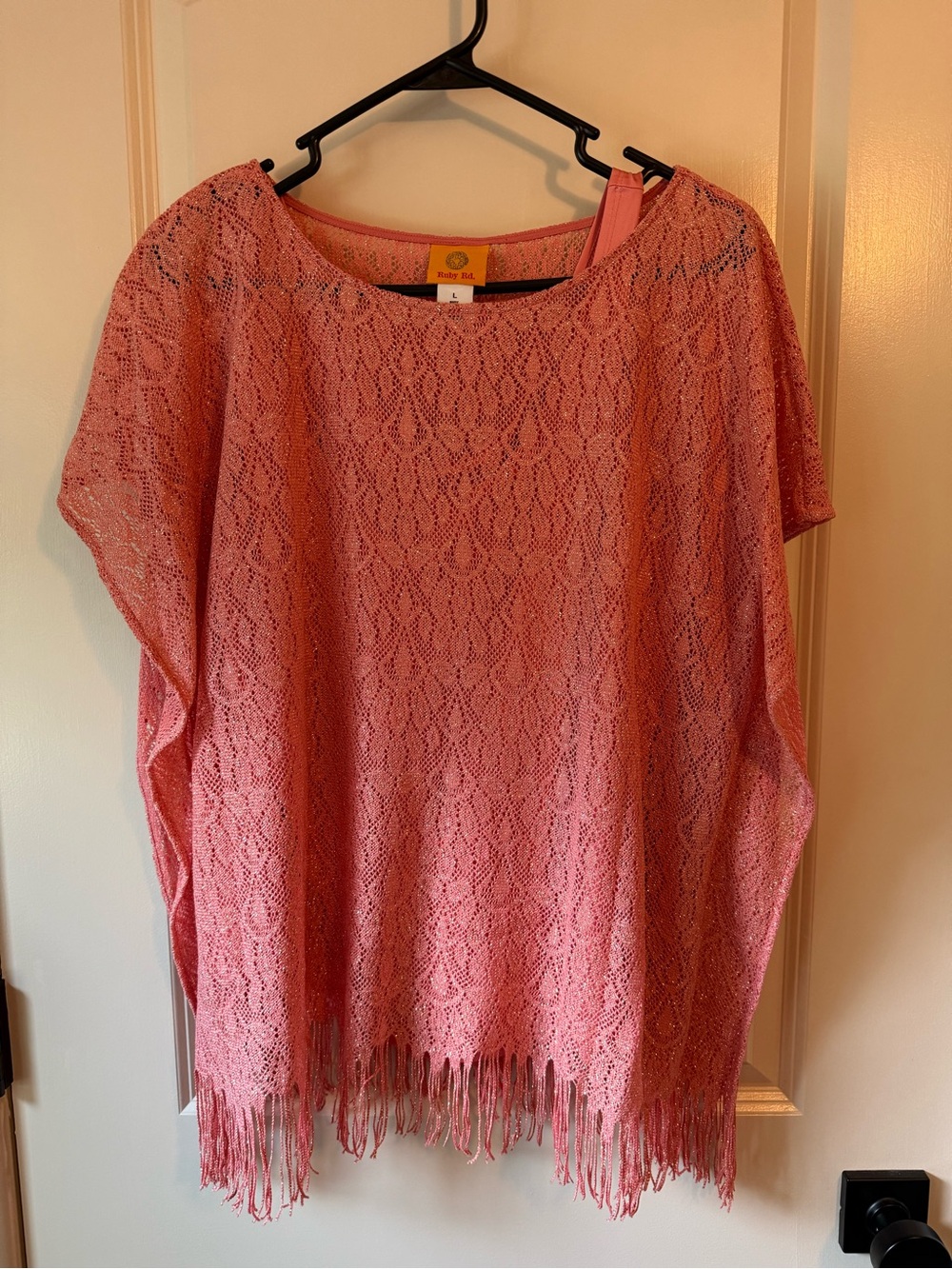 Ruby Rd. Pink Metallic Crochet Top with Fringe Trim